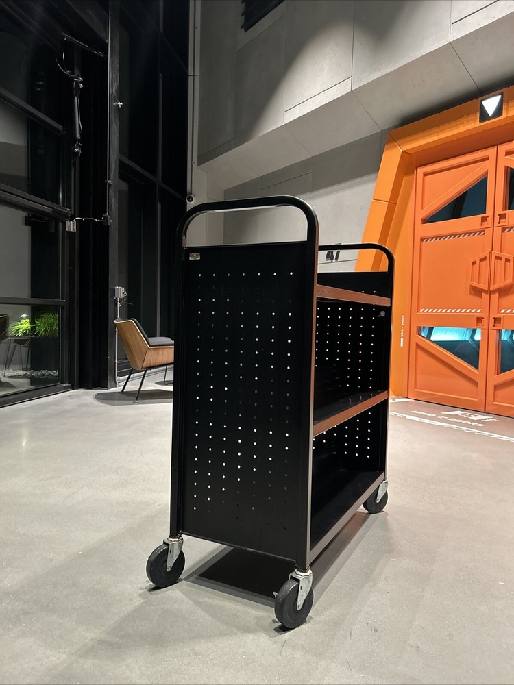 Black Double-Sided Rolling Book Cart Shelf-image