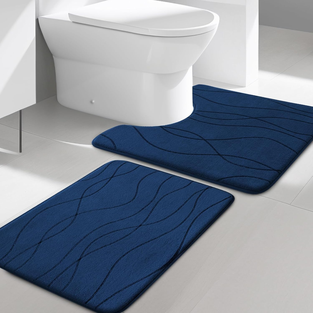 Memory Foam Blue Bathroom Rug Sets 2 Piece, Ultra Absorbent Bath Mat for Bathroo