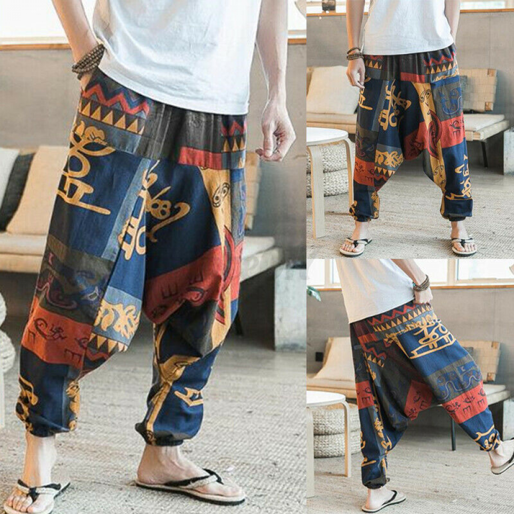 Men 100%Cotton Elastic Waist Long Pants Pirnted Baggy Loose Jogger Yoga Trousers