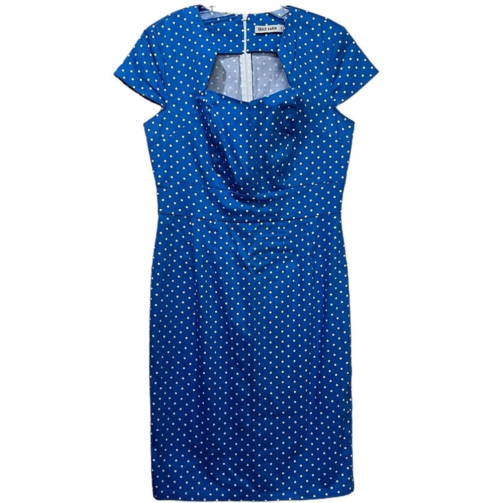 Grace Karin Retro Rockabilly Wiggle Dress in Medium Blue with White Polka Dots R7