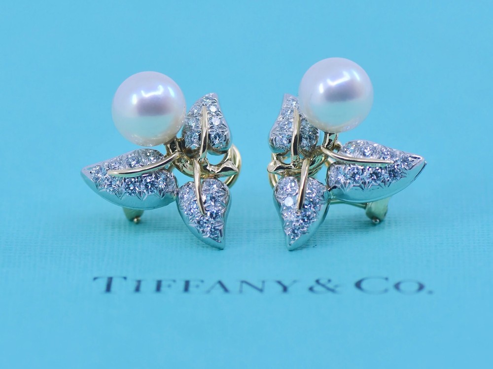 Tiffany & Co Schlumberger Diamond Pearl 18K Yellow Gold Earrings