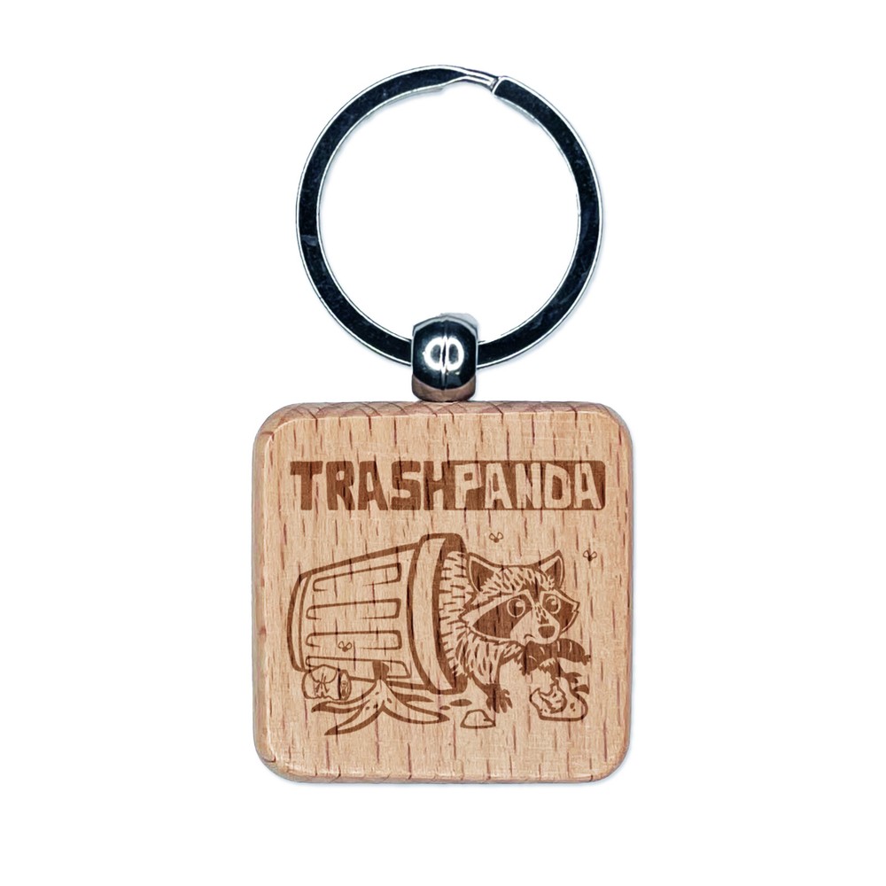 Trash Panda Raccoon Engraved Wood Square Keychain Tag Charm