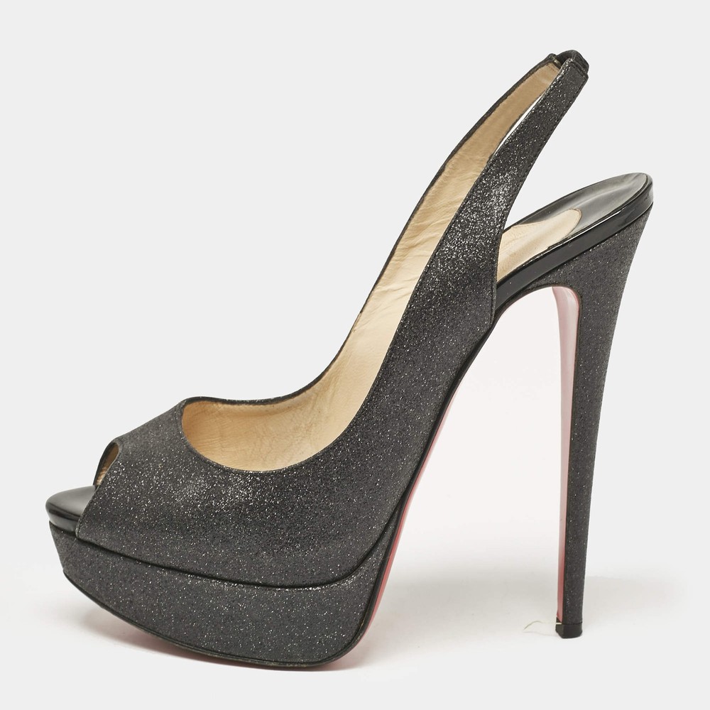 Christian Louboutin Grey Glitter Lady Peep Slingback Pumps Size 39