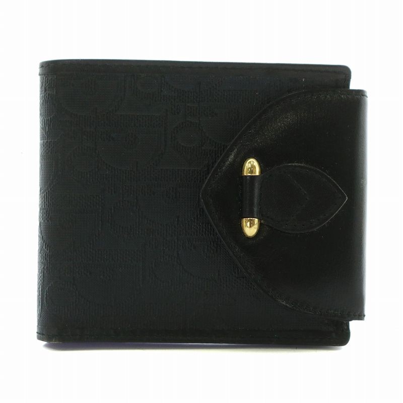 Dior Bi-Fold Leather Wallet Black Trotter Pattern Gold Hardware