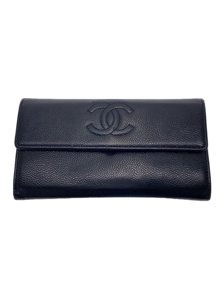 CHANEL Coco Mark Caviar Leather CC Black Long Flap Wallet A50070 Pre-Owned