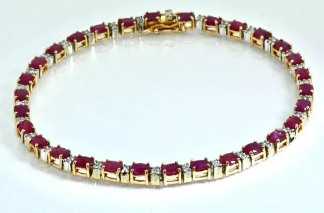 13Ct Oval Ruby & Diamond Tennis Bracelet 14k Yellow Gold Plated Lab Created 7”