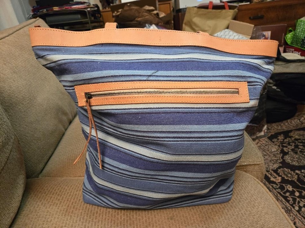 Large Blue Canvas Weekend Tote with Leather Straps