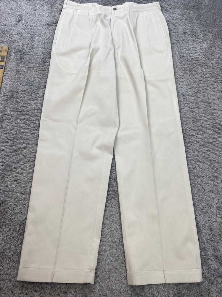 Charleston Pants Mens 34x32 Beige Khaki Pleated Cuffed Chino Trousers Vtg USA