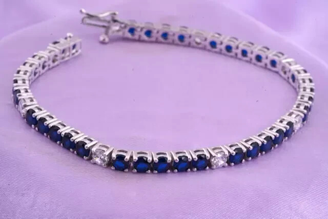 10Ct Lab Sapphire & Diamond Tennis Bracelet 14K White Gold Plated 7.5 Inches  