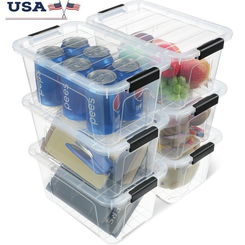 Clear Stackable Storage Bins W/ Buckle Lids Organizing Home Office Kitchen New