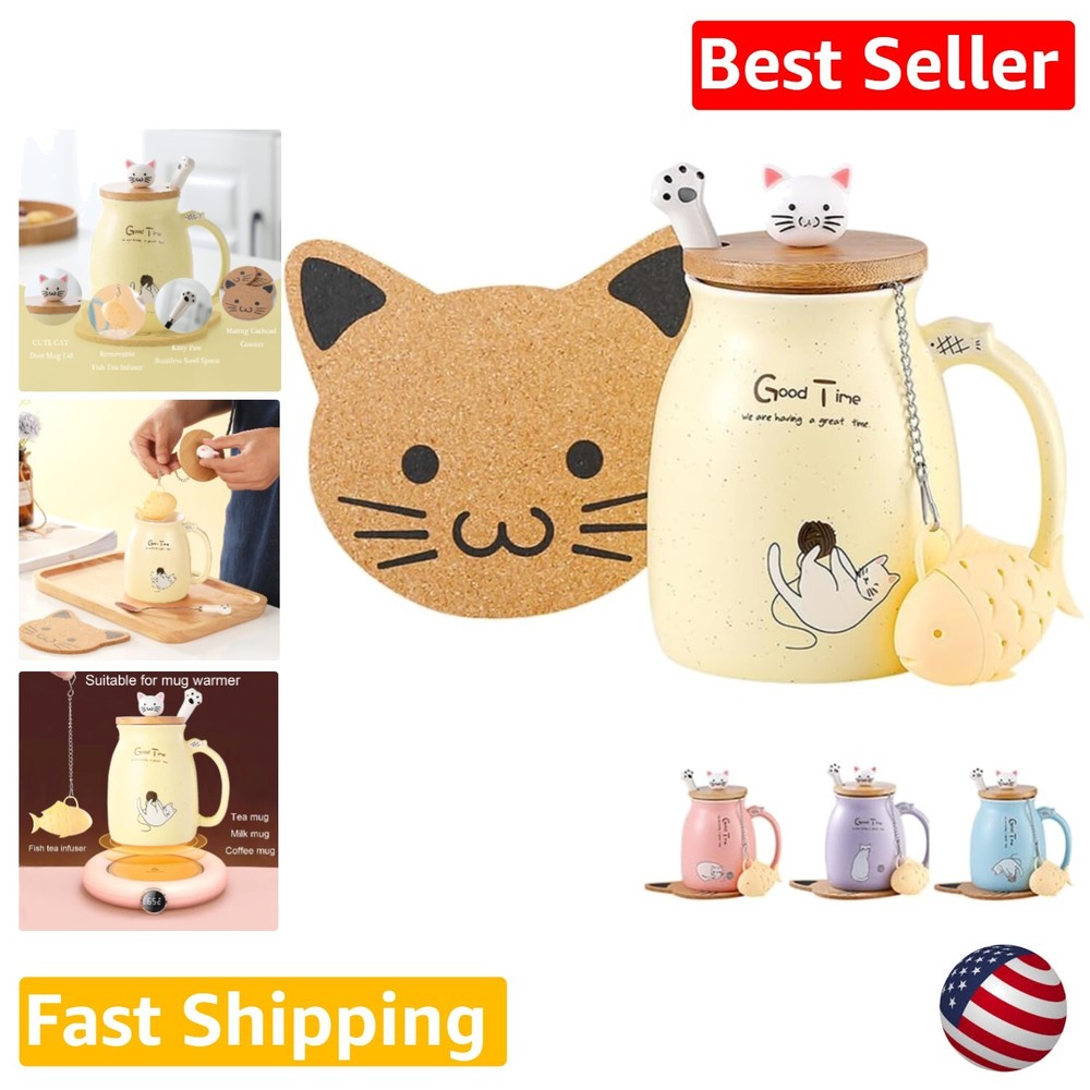 Cute Cat Mug with Infuser and Lid - Ceramic Tea Cup - Cat Gifts for Women - 13oz