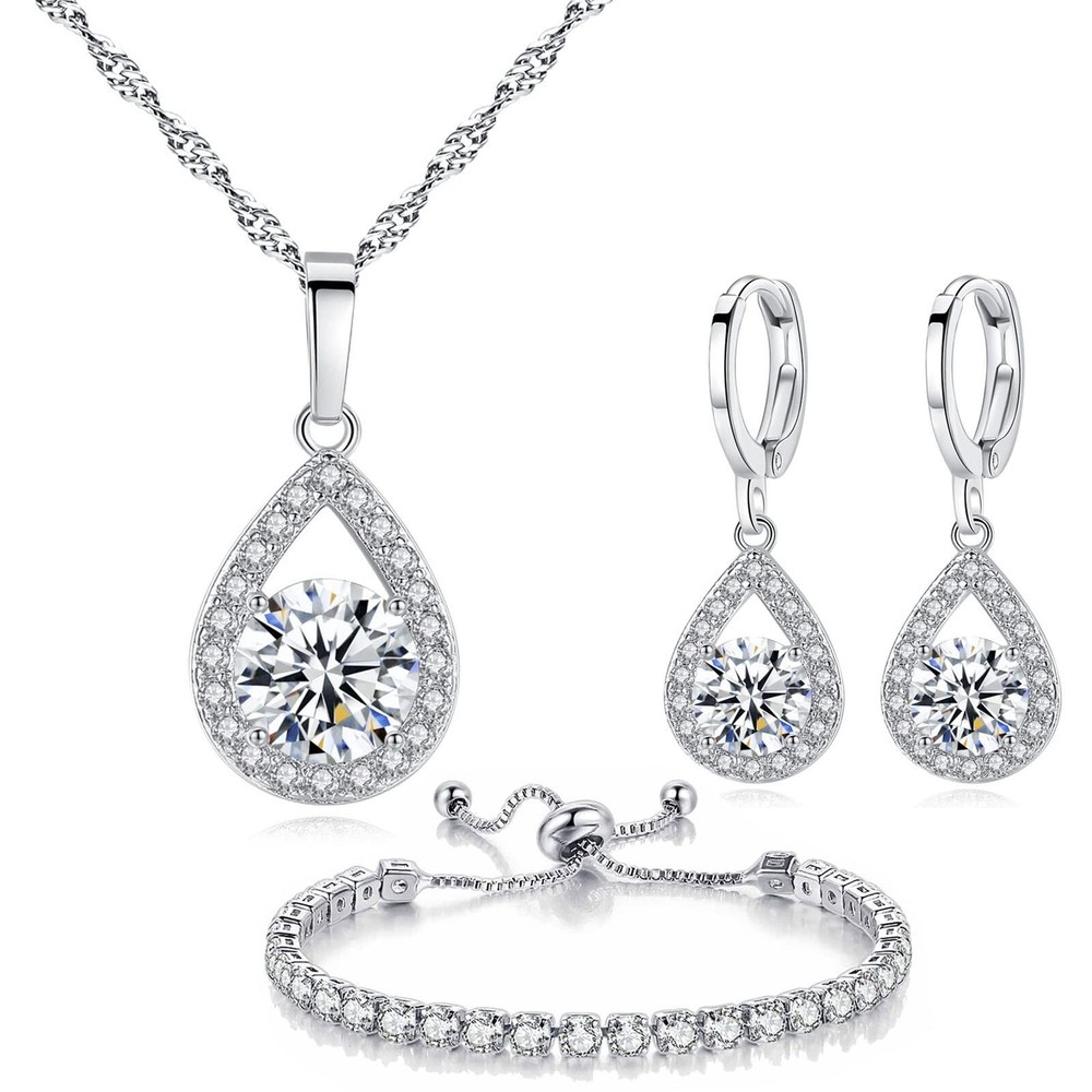 Cubic Zirconia Crystal Silver Necklace Earrings Bangle Set  