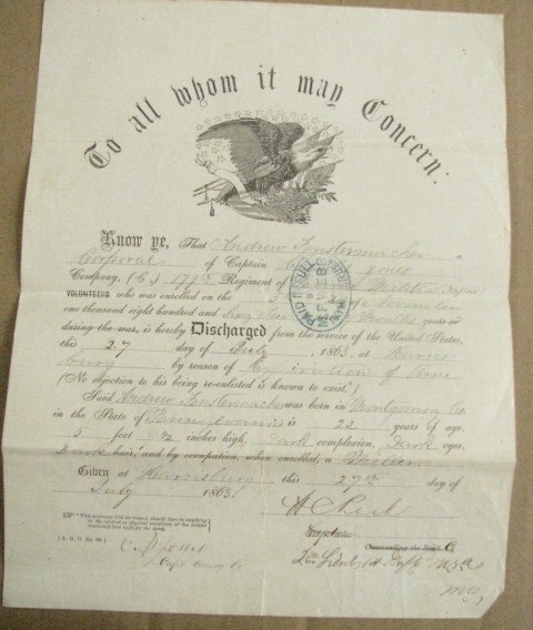 Civil War 179th Pennsylvania Drafted Militia Pottstown Discharge 1863 Veteran