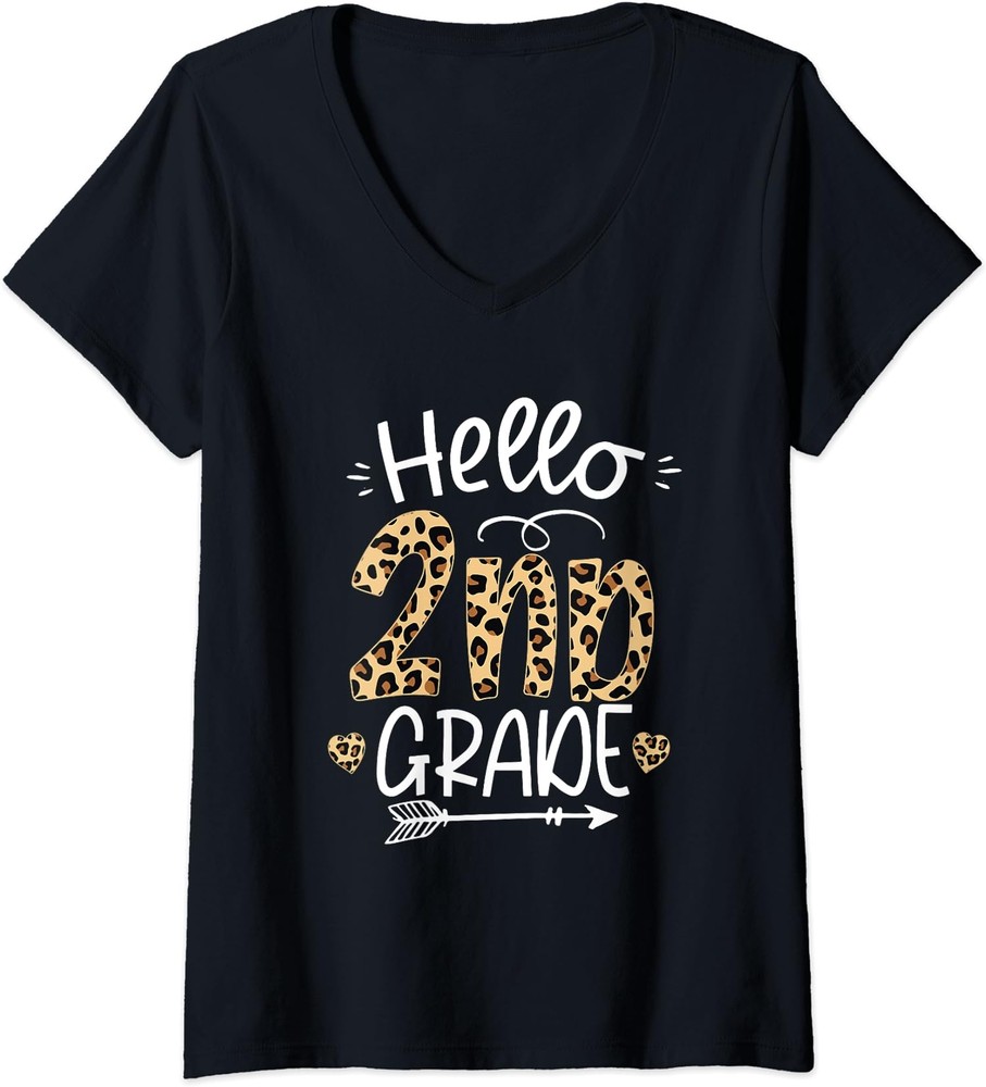 Hello 2nd Grade Leopard Teacher Students Gift Ladies' V-Neck Tshirt