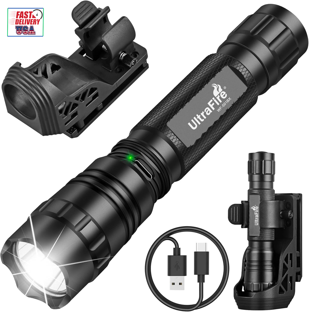 Tactical Flashlight with Duty Belt Holster, 1000 Lumen Rechargeable Police Flash