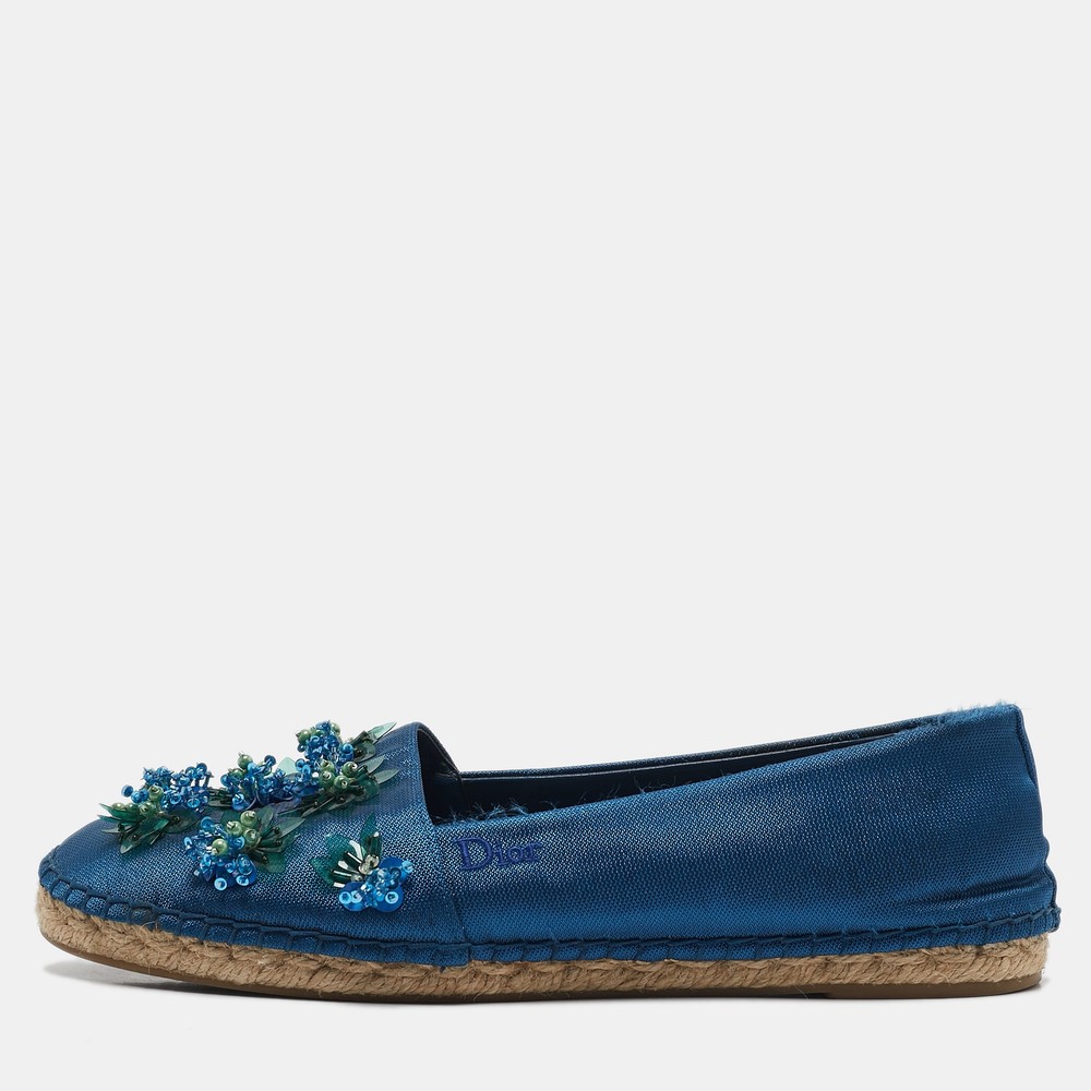 Dior Blue Canvas Floral Embellished Espadrille Flats Size 38