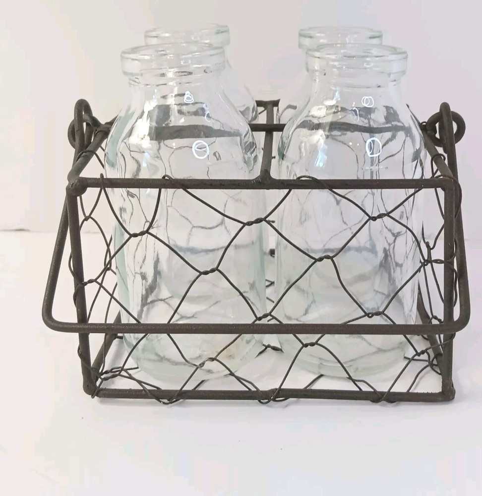 Farmhouse Metal Basket With Four Small Creamer Bottles Flower Vases Propagation