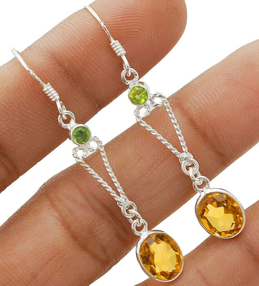Natural Citrine 925 Sterling Silver Earrings 1 2/3 Inches Long B5-7