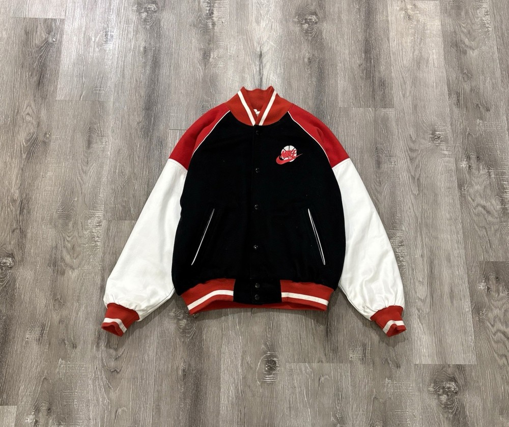 Vintage 90s Nike Force Basketball Varsity Jacket Wool Leather Mens M Black Red
