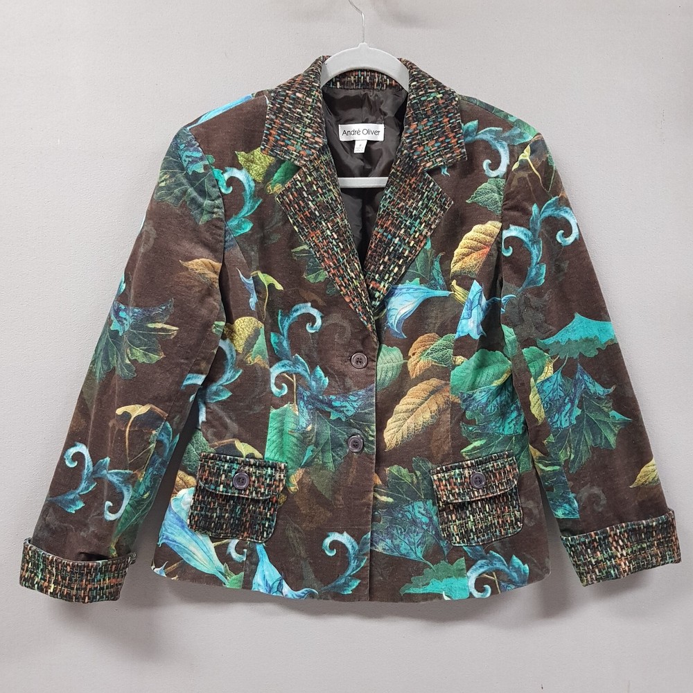 Andre Oliver Blazer Jacket sz 8 Velveteen Quirky Art to Wear VTG Mixed Print