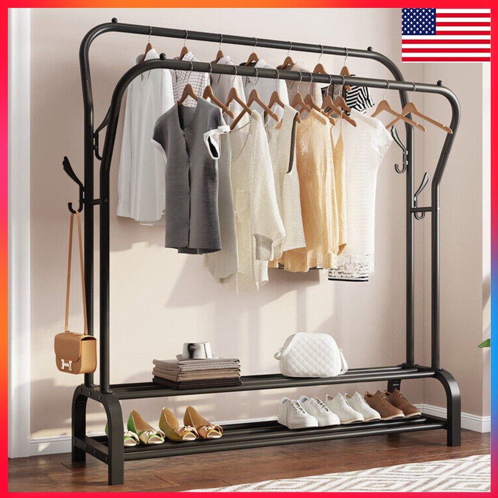 Double Rod Garment Rack with Hangers for Bedroom Clothes Storage-image