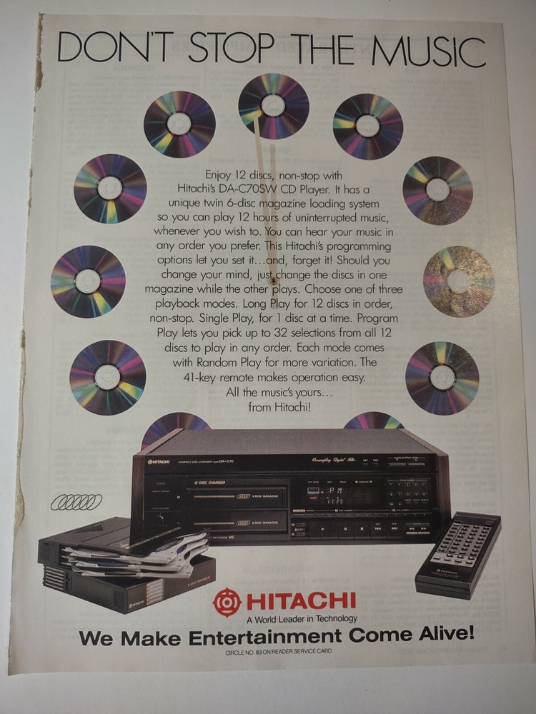 Hitachi DA C70SW CD Player Dont Stop the Music Vintage Print Ad