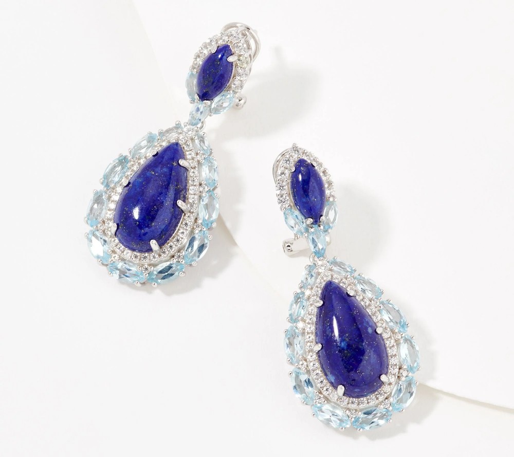 Affintiy Gems Pear Shaped Lapis and Topaz Drop Earrings Sterling Silver