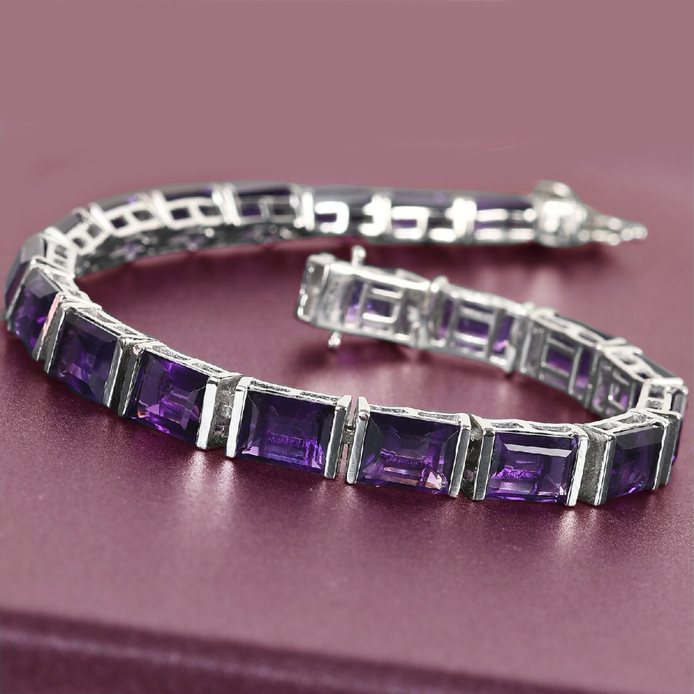 15ct Rectangle Cut Amethyst Tennis  Woman  Bracelet in 925 Sterling silver.