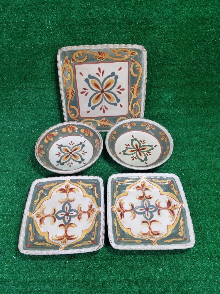 (5) Artimino Tuscan Countryside Sienna Cream Stoneware Square Plates Round Bowls