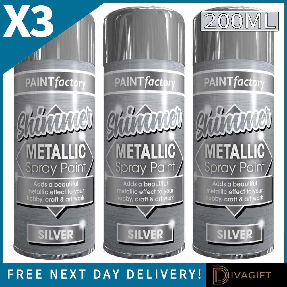 3 x METALLIC SILVER SHIMMER SPRAY PAINT 200ML INTERIOR EXTERIOR GLOSS FINISH NEW