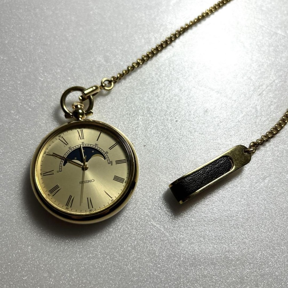 Vintage Seiko Moon Phase Quartz Pocket Watch Rare Collectible Timepiece  