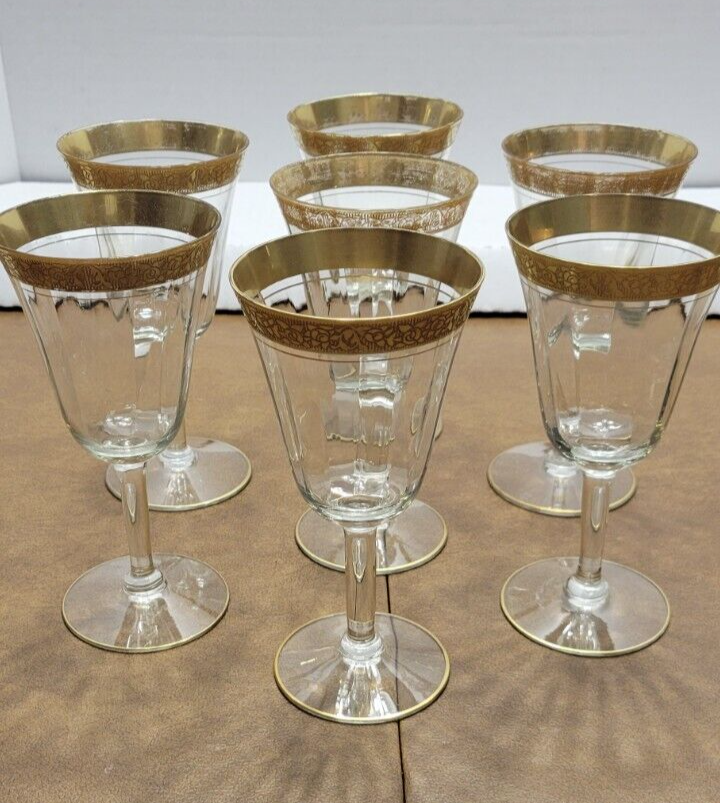 Tiffin Franciscan Rambler Rose Water Wine Glasses Set of 7 with Optic Gold Design