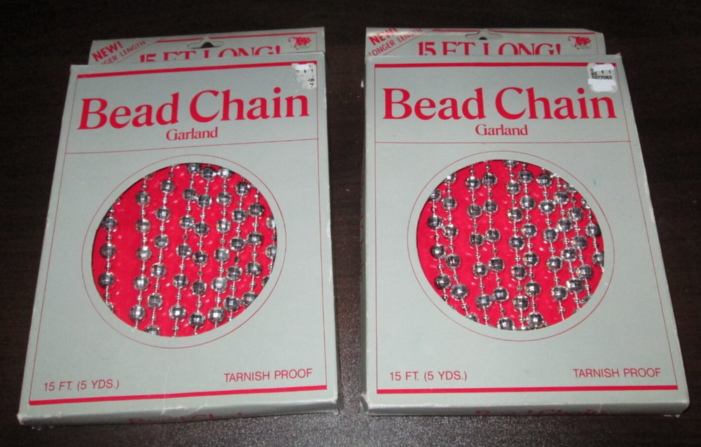 2CT - 15 Christmas Vtg Bead Chain Garland Silver Tree Trimming NOS New/Unused