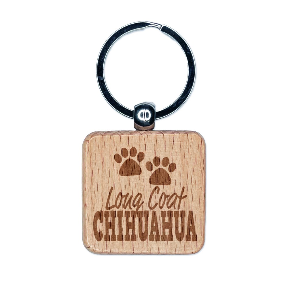 Chihuahua Paw Print Engraved Wood Keychain Long Coat Dog Gift
