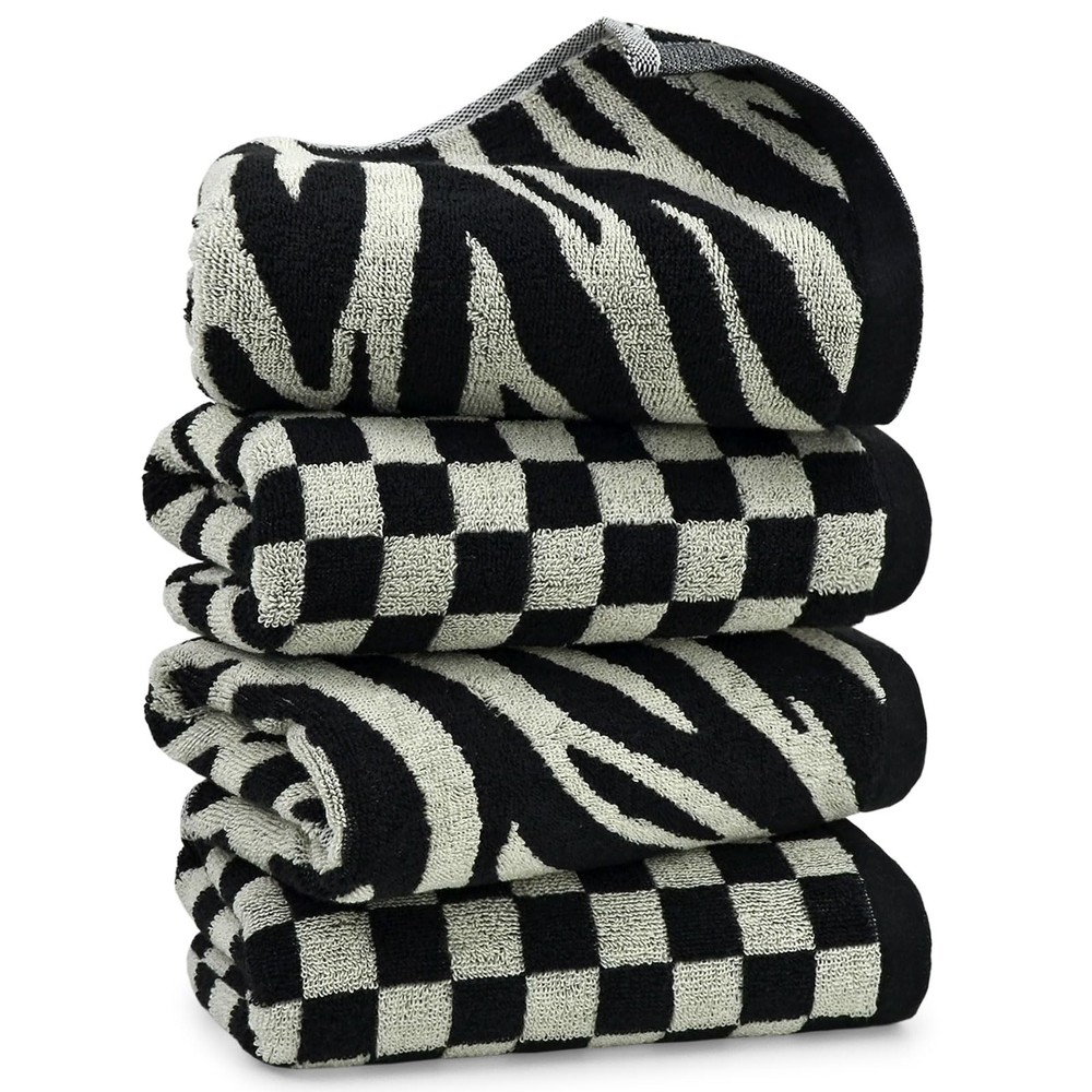 Black & White 4-Pack Bathroom Hand Towels - Checkered & Zebra Designs
