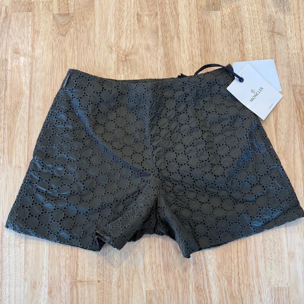 Moncler Women Olive Green Eyelet Laser Cut Shorts Sz 42 Made in Italy