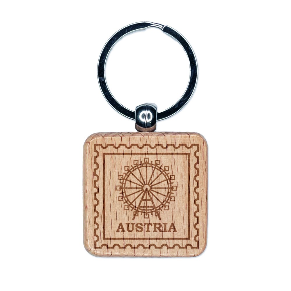 Austria Travel Vienna Giant Ferris Wheel Engraved Wood Square Keychain Tag Charm