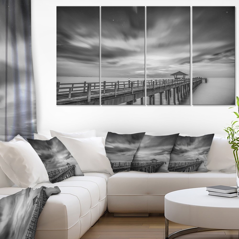 Black and White Wooden Bridge and Sky - Sea Pier Wall Art Blue 48 in. wide x 28