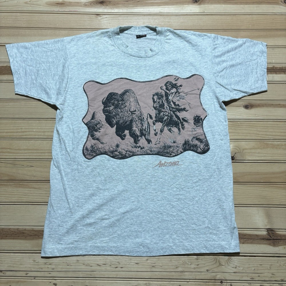 Vintage 80s 90s Arizona Native American Bison Buffalo Hunting Shirt Size Large