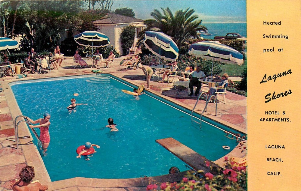 1950s Laguna Beach California swimming pool Apartment Hotel Postcard 25-2696