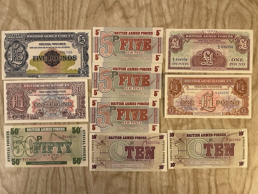 British Armed Forces Special Voucher Lot (10) UNC £5, £1, 50p, 10p, 5p Military-image