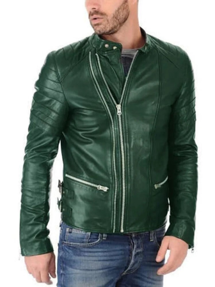 Men's Green Leather Genuine Lambskin Motorcycle Biker Jacket Zipper Pocket Style