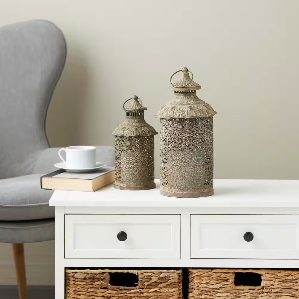 Brown Metal Distressed Vintage Inspired Ornate Scroll Candle Lantern Set of 2