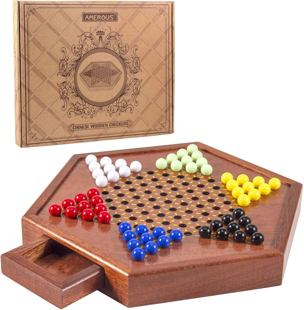 Wooden Chinese Checkers Set with Storage Drawer - 60 Acrylic Marbles 12.5 Inches