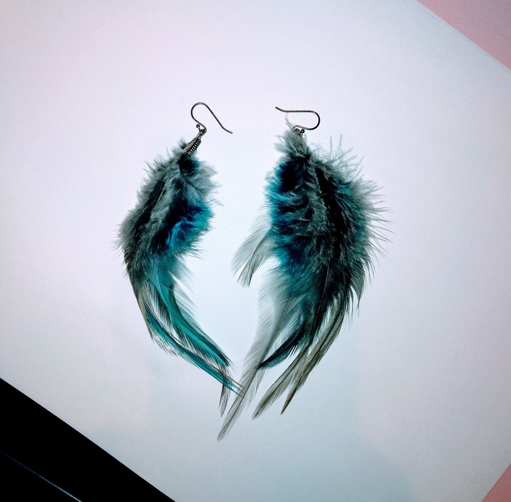 HOLIDAY SUPER SALE! Blue & Gray Feather Dangle Earrings 5 inch Drop Silver Hooks