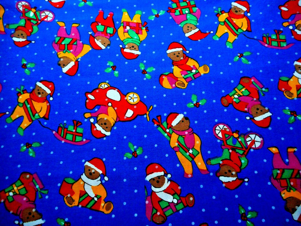 Christmas Fabric By Yard Bears Toys Holly Snow Royal Blue Cotton #15 Vtg C