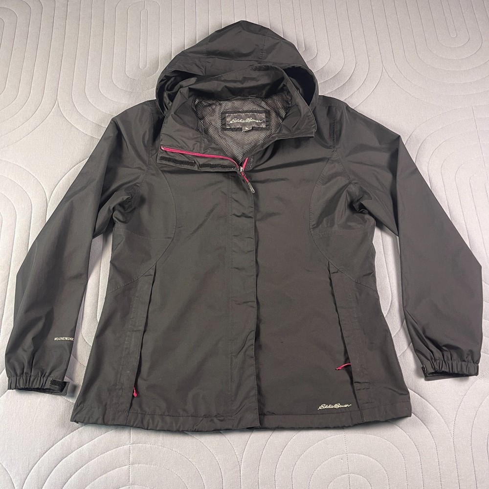 Eddie Bauer Womens Rain Jacket Size L Black Pink Hooded Lined Zip Pocket Outdoor