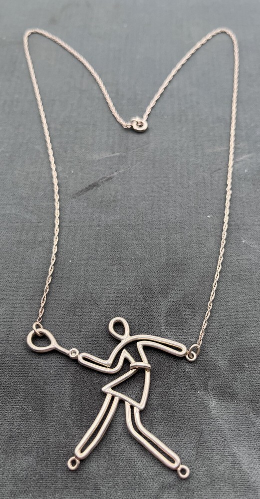 Silver Tennis Player Pendant Necklace - Minimalist Stick Figure Design