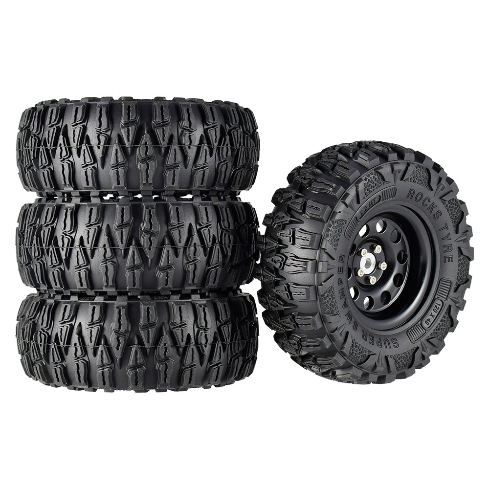 4PCS 2.2' Rubber Tyres & Black Metal Beadlock Wheel Rim for 1:10 RC Crawler Car