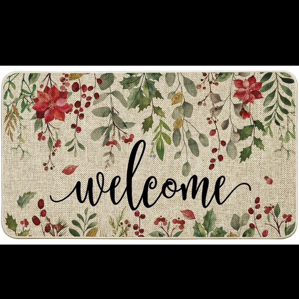 Welcome Mat Poinsettia, Indoor Outdoor, Floor Mat, 17X29.5inch, Non Slip.